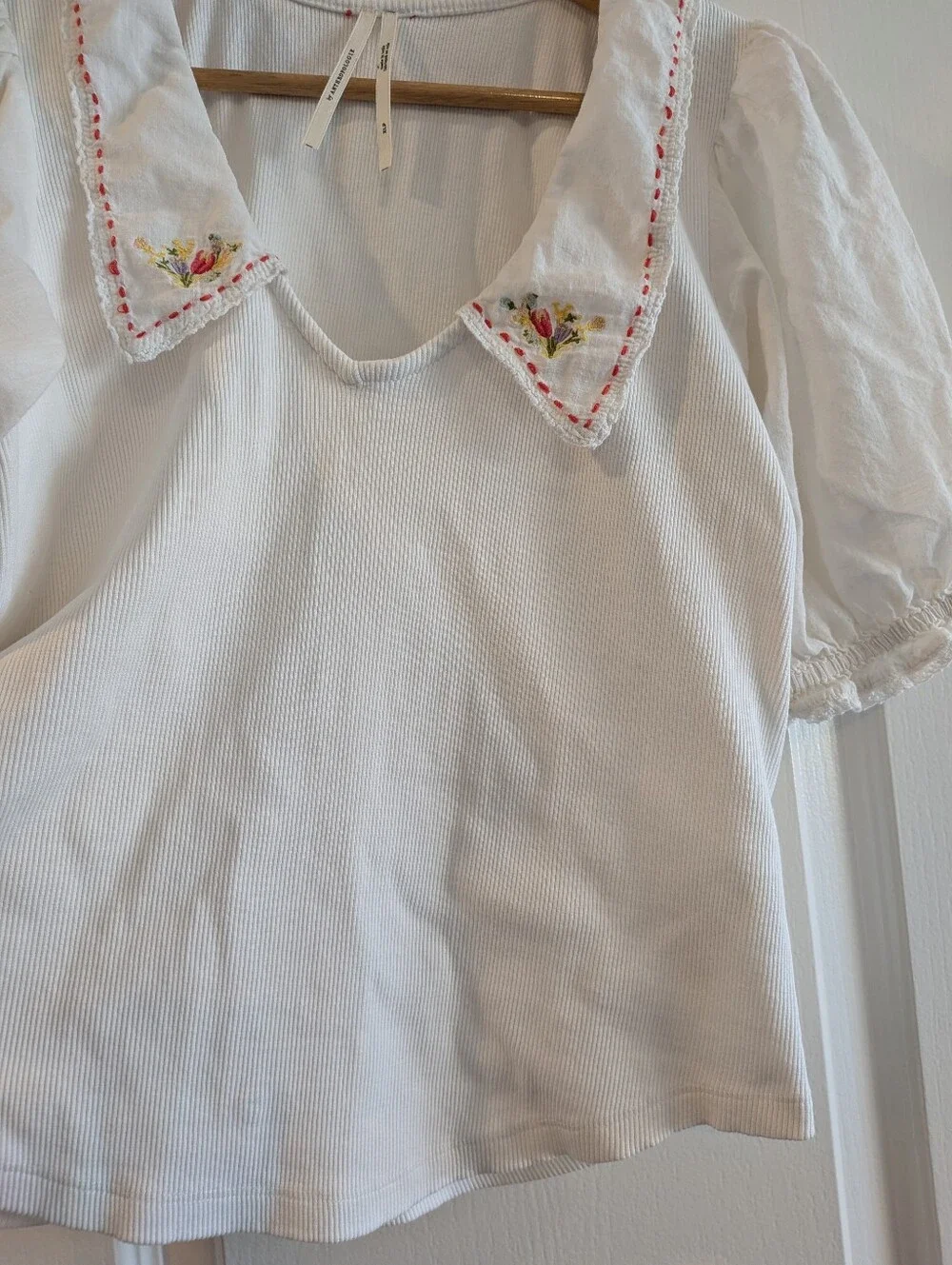 Anthropologie Short Puff Sleeve Collared Floral Embroidered Top White Size XLP